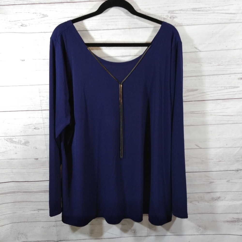Lane Bryant Navy Blue Long Sleeve Top with Tassel Necklace Accent